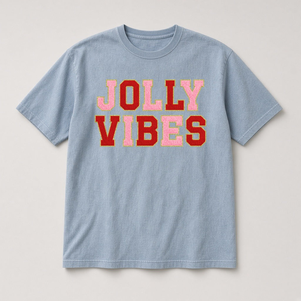 Jolly Vibes faux chenille Christmas t-shirt in Chambray