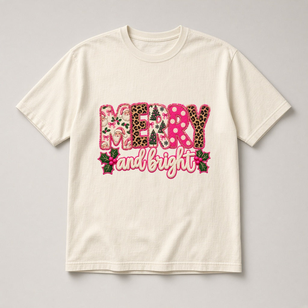 Merry and Bright faux chenille patch Christmas t-shirt in Ivory