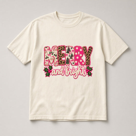 Merry and Bright faux chenille patch Christmas t-shirt in Ivory