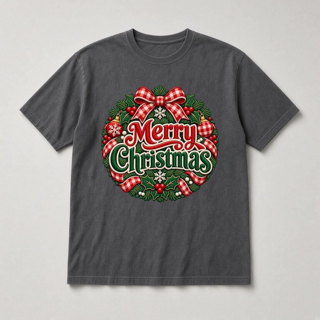 Merry Christmas wreath faux embroidered t-shirt in Pepper