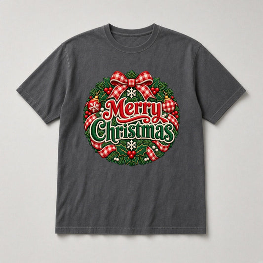 Merry Christmas wreath faux embroidered t-shirt in Pepper